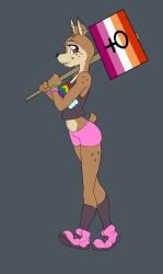 anthro crop_top deer female furry holding_object holding_sign lapsa shorts walking