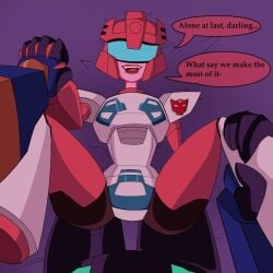 1boy 1girls english_text imminent_sex kingshamming pink_lipstick robot robot_girl robot_humanoid rosanna_(transformers) spread_legs text text_bubble thighs transformers transformers_animated
