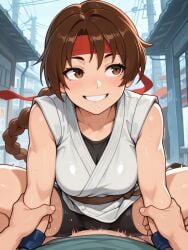 1girls ai_generated big_breasts brown_hair king_of_fighters light-skinned_female light_skin long_hair outdoors ponytail pov public yuri_sakazaki