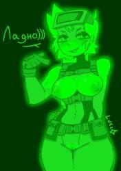awaria big_breasts big_tits blush breasts_out female female_only ghost ghost_girl looking_at_viewer luci_star nikita_naprava nipples pussy russian_text smirk smirking_at_viewer text tits torn_clothes watermark