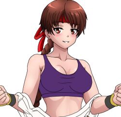 1girls big_breasts braid brown_hair karate_gi king_of_fighters light-skinned_female light_skin long_hair pale-skinned_female pale_skin undressing yuri_sakazaki
