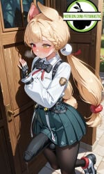 1futa ai_generated alice_thymefield animal_ears balls big_penis blushing bunny_ears bunny_girl different_eye_color embarrassed embarrassed_female fingerless_gloves futa_only futanari futanastic hiding hiding_erection huge_cock leaking_cum leaking_precum long_hair public red_eyes school_uniform schoolgirl skirt tights twintails yellow_eyes zenless_zone_zero