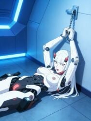 1girls 2d ai_generated android captured chained chained_to_wall chained_wrists completely_nude nude overwatch pussy restrained robot robot_girl robot_humanoid robot_pussy shion solo solo_female