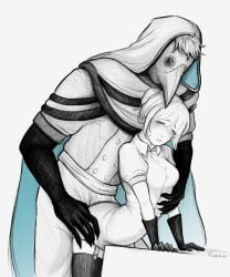 bird_mask blonde-haired_female blonde_female blonde_hair cloak clothed_female clothed_male_clothed_female doctor_(the_freak_circus) doctor_on_patient fucked_from_behind fucked_through_clothes grabbing_breasts grabbing_from_behind hands_on_table large_male_smaller_female larger_male male/female male_on_female monster_on_female original_character pale-skinned_female pale_skin plague_doctor sex_from_behind size_difference the_freak_circus uniformed_male