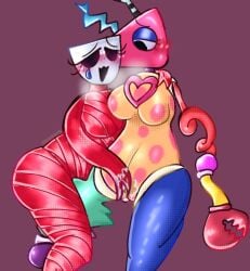 bad_anatomy blush female gangle_(the_amazing_digital_circus) glitch_productions mask non-binary non_binary pussy red_ribbon red_ribbons ribbon ribbons_(anatomy) sunnypawsy the_amazing_digital_circus touching_pussy zooble_(the_amazing_digital_circus)