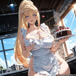 1girl ai_assisted ai_generated apron bangs bare_shoulders blonde_hair blue_eyes blush braid breasts cake cleavage curvaceous curvy curvy_female curvy_figure darkness_(konosuba) eyebrows_visible_through_hair female food fruit hair_between_eyes hair_ornament heart heart-shaped_pupils high_ponytail indoors konosuba long_hair looking_at_viewer miyuai naked_apron open_mouth ponytail smile solo symbol-shaped_pupils thick thick_ass thick_butt thick_hips thick_legs thick_thighs thighs tongue tongue_out voluptuous voluptuous_female watermark wide_hips wide_thighs window x_hair_ornament