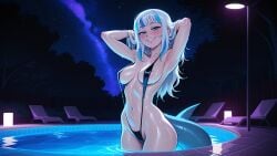 1girl 2026 2d absurd_res absurd_resolution absurdres aged_up ai_generated alternate_breast_size areola_slip armpits arms_behind_head arms_up big_breasts blue_eyes blue_hair blunt_bangs blush breasts covered_nipples fins fish_tail gawr_gura grey_hair grin hi_res high_quality high_resolution highres hololive hololive_english image long_hair looking_at_viewer mayrainart medium_breasts multicolored_hair navel night night_sky one-piece_swimsuit outdoors patreon patreon_username pool shark_girl shark_tail sharp_teeth sky slingshot_swimsuit smile solo star_(sky) starry_sky streaked_hair swimsuit tail teeth uncensured virtual_youtuber water watermark