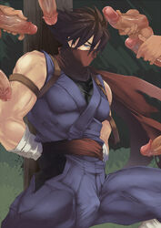 6+boys arms_behind_back bangs bare_arms bare_shoulders blue_eyes bound bound_arms brown_hair bulge disembodied_penis erection forest gay hatonasi highres japanese_clothes male male_focus male_masturbation male_only masturbation multiple_boys multiple_penises muscular nature ninja ninja_mask outdoors penis pole red_scarf sash scarf short_hair sleeveless solo_focus spiked_hair spread_legs strider_(video_game) strider_hiryu tagme testicles uncensored veins veiny_penis yaoi