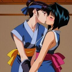 2girls bandana black_hair blue_bandana blushing closed_eyes indoors kunoichi lesbian_kiss misao_makimachi rurouni_kenshin shounen_jump tied_hair yuri