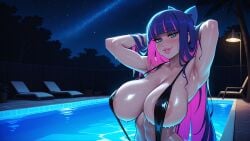 1girl 2026 2d absurd_res absurd_resolution absurdres ai_generated areola_slip armpits arms_behind_head arms_up big_breasts black_one-piece_swimsuit blue_bow blue_eyes blue_hair blunt_bangs bow breasts cleavage colored_inner_hair hair_bow hi_res high_quality high_resolution highres huge_breasts image large_breasts lips long_hair looking_at_viewer lying mayrainart multicolored_hair navel night night_sky nipple_slip nipples one-piece_swimsuit outdoors panty_&_stocking_with_garterbelt parted_lips patreon patreon_username pink_hair pool purple_hair sky slingshot_swimsuit smile solo star_(sky) stocking_(psg) stocking_anarchy swimsuit tree two-tone_hair uncensured water watermark wet