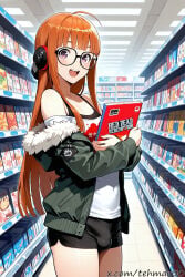 1boy :d ahoge ai_generated atlus bangs bare_shoulders behind-the-head_headphones black-framed_eyewear black_shorts femboy fur-trimmed_jacket fur_trim genderswap genderswap_(ftm) glasses green_jacket headphones holding indoors jacket long_hair looking_at_viewer male off_shoulder open_mouth orange_hair persona persona_5 purple_eyes sakura_futaba shop short_shorts shorts smile solo standing tehmar trans_woman transfem trap