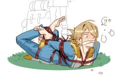 1boy blonde_hair blushing clothed drooling feet male male_only pokemon pokemon_legends:_arceus rope rope_bondage solo solo_male tied_up volo_(pokemon)