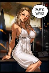 allies bare_legs blonde blue_eyes cleavage command_and_conquer dress eva_mckenna ganassa gemma_atkinson large_breasts nipples_visible_through_clothing office officer red_alert_(video_games) red_alert_3 sideboob speech_bubble white_dress