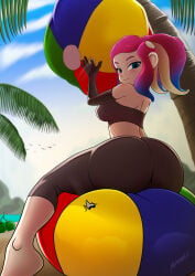 1girl ass ass_focus ball_(object) beach beach_ball blue_eyes breasts bubble_butt burst bursting clouds compressed deflating deflation dominant_female femdom hole huge_ass inflatable looking_at_viewer mean medium_breasts octoling octoling_girl on_ball original_character palm_tree poking pool_toy popped_ball popped_beach_ball popping sit_to_pop sitting sitting_on_ball sitting_on_beach_ball sky smirk smirking_at_viewer splatoon splatoon_(series) squish squishing summer tentacle_hair