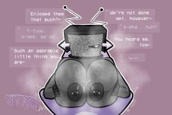 2d 2d_(artwork) antennae areolae big_areola big_breasts breast_squeeze breasts breasts_bigger_than_head breasts_focus cum cum_on_breasts dark_areola dark_nipples dialogue dominant dominant_female domination drawing grey_body huge_breasts looking_at_penis naked nipple_piercing nipples nude oc one_eye original original_character paizuri pierced_nipples simple_background steam submissive submissive_male tv tv_head tv_rot