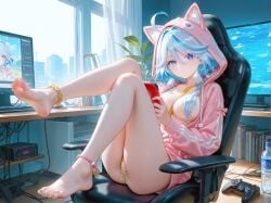 feet_up furina_(genshin_impact) gamer_girl hair_covering_breasts looking_at_viewer pink_hoodie