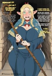 ai_assisted ai_generated blushing comic delicious_in_dungeon dress dungeon_meshi elf female huge_breasts marcille_donato qoskindred scared wide_hips