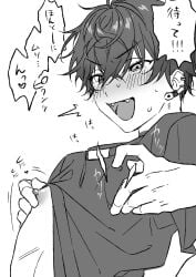 anonymous_male blush blushing clothing fangs male male_only monochrome nijisanji nipple_play nipples open_mouth saiki_ittetsu sweat virtual_youtuber
