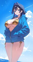 1girl :d bikini black_hair blue_eyes blue_hair blue_jacket blue_sky breasts cleavage cloud colored_inner_hair cumulonimbus_cloud day gold_bikini grin hair_intakes hands_in_pockets highres hololive hololive_english hood hooded_jacket jacket large_breasts looking_at_viewer multicolored_hair o-rindou5100 ocean ouro_kronii outdoors partially_unzipped short_hair_with_long_locks sidelocks sky smile solo swimsuit thighs virtual_youtuber