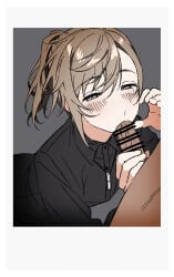 2boys anonymous_male beauty_mark blowjob blush blushing brown_hair censor_bar censored clothed erection gay heart heart_hands kanae_(nijisanji) looking_at_viewer male male_only nijisanji penis polaroid_photo silver_eyes virtual_youtuber yaoi
