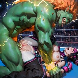 1boy 1girls ai_assisted ai_generated blanka boxing_ring breasts_out crowd cum_overflow defeated electricity electrocution electrostimulation green_skin han_juri hi_res humiliation juri_han large_breasts large_penetration multicolored_hair muscular_male nipples orange_hair public_sex pussy rape saliva self_upload stable_diffusion street_fighter tacocatbox tears torn_clothes vaginal wide-eyed
