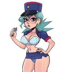 blush bra breasts brown_eyes cleavage earrings green_hair hand_on_hip headgear holding holding_object large_breasts long_hair microskirt navel officer_jenny_(pokemon) open_clothes panties pencil_skirt pokemon police police_uniform skirt slim_waist tagme thick_thighs underwear vanillasketchy voluptuous wide_hips
