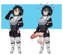 balls big_balls big_penis black_body blue_eyes female futanari kolibri_(signalis) penis precum signalis smirk