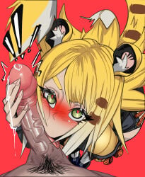 1boy 1girls absurd_res animal_ears animal_humanoid animal_tail blonde_hair blush blush_lines bodily_fluids body_worship brown_stripes duo exclamation_point eyelashes felid felid_humanoid female first_person_view fur genital_fluids genital_worship genitals green_eyes hair heart_eyes heart_symbol hi_res humanoid inner_ear_fluff jimgreezy ju_fufu licking long_hair long_nails looking_at_viewer male male/female male_pov mammal mammal_humanoid mihoyo oral pantherine pantherine_humanoid penile penis penis_lick penis_worship precum pubes red_background sex simple_background stripes tan_body tan_skin thiren tiger_girl tiger_humanoid tongue tuft white_body white_fur yellow_body yellow_fur zenless_zone_zero