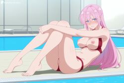 1girl ai_generated barefoot bikini bikini_bottom_aside blue_eyes blush breasts breasts_out clenched_teeth clothing_aside digitalwaifugallery feet full_body hair_between_eyes hi_res high_quality high_resolution indoors kawaii_dake_ja_nai_shikimori-san knees_up large_breasts legs long_hair looking_at_viewer navel nipples patreon pink_hair pool poolside pussy red_bikini seductive sexy shikimori_miyako sitting solo swimsuit teeth toenails toes uncensored water watermark