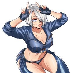 1girls angel_(kof) big_breasts blue_eyes huge_breasts king_of_fighters light-skinned_female light_skin looking_at_viewer pale-skinned_female pale_skin panties short_hair thick tongue tongue_out white_hair