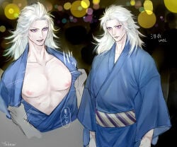 disembodied_hand final_fantasy_i japanese_text long_hair male male_only nipples open_clothes solo solo_male unknown_male warrior_of_light white_hair yukata