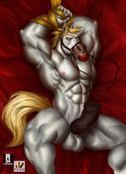 1boy 2021 abs animal_genitalia animal_penis apple balls blonde_hair bridle brown_eyes disney equid equine equine_penis erection food fruit genitals hair hi_res horse horsecock long_hair looking_at_viewer male male_only mammal maximus_(tangled) medial_ring muscular muscular_male nexus nipples nude pecs penis pinup pinup_pose plant portrait pose restrained solo tangled