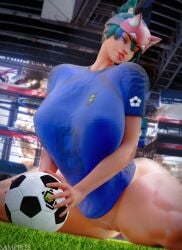 1girls 3d 3d_(artwork) abs ass big_ass big_breasts blizzard_entertainment breasts erect_nipples female glowing glowing_eyes green_hair hi_res high_resolution huge_breasts kiriko_(overwatch) muscular muscular_female nipple_bulge nipples overwatch overwatch_2 pink_nipples sampples soccer soccer_ball soccer_uniform solo_female solo_focus thick_thighs voluptuous voluptuous_female