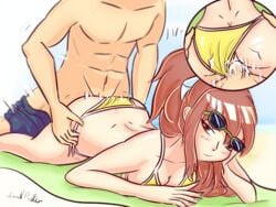 1boy 1girls ass ass_cleavage ass_crack beach beach_towel big_breasts bikini bikini_aside bikini_bottom bikini_top bored breast_press breasts brown_hair bubble_ass bubble_butt butt_crack clothed_sex cum cum_in_pussy cum_inside doggy_style doki_doki_literature_club eyewear_on_head female from_behind green_eyes lewddoodler looking_back male medium_ass monika_(doki_doki_literature_club) penetration penis ponytail prone_bone public public_sex pussy ribbon sex straight sunglasses sunglasses_on_head swim_trunks swimsuit swimsuit_aside vaginal_penetration white_ribbon yellow_bikini