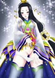 bar_censor black_hair censored colored coloring colorized fan_colored female hcarts kaguya_(warriors_orochi) kimono looking_at_viewer momoya_show-neko panty_pull solo u.r.c warriors_orochi