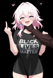 ahegao black_lives_matter black_shirt blm choking cuckold dark-skinned_male dominant dominant_male honkai:_star_rail honkai_(series) interracial lord_dante lorddantesito march_7th_(honkai:_star_rail) middle_finger netorare ntr pink_hair submissive submissive_female tagme