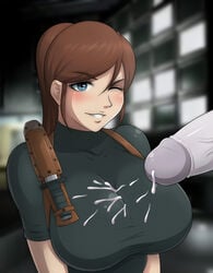 big_breasts big_penis blue_eyes brown_hair claire_redfield cum cum_on_breasts cum_on_clothes cumshot knife large_breasts leather lettucehead pale_skin penis resident_evil resident_evil_2 smile suggestive wink