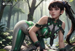 1boy 1boy1girl 1girls ai_generated all_fours artist_name ass bare_shoulders black_gloves black_hair bodysuit breasts brown_eyes brown_hair cum eve_(stellar_blade) female fingerless_gloves forest gloves green_bodysuit hetero hi_res lips long_hair medium_breasts nature necktie nose outdoors playstation ponytail r34arts solo sony sony_corporation sony_interactive_entertainment stellar_blade tree