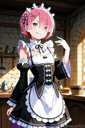 1boy ai_generated apron bangs black_ribbon brick_wall cowboy_shot detached_sleeves dress femboy frills genderswap genderswap_(ftm) hair_ornament hair_over_one_eye hair_ribbon hand_up indoors kettle kitchen long_sleeves looking_at_viewer maid maid_headdress male pink_eyes pink_hair ram_(re:zero) re:zero_kara_hajimeru_isekai_seikatsu ribbon roswaal_mansion_maid_uniform short_hair smile solo standing tehmar trans_woman transfem trap waist_apron white_apron window x_hair_ornament