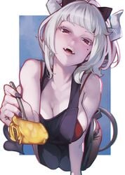 apron ataruman bra cleavage fanbox_reward fangs helltaker highres horns looking_at_viewer lucifer_(helltaker) lust pale_skin pancake red_eyes white_hair