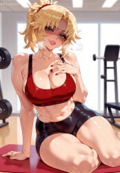 1girl ai_generated arzagod big_breasts blonde_hair blush fate/grand_order fate_(series) green_eyes large_breasts long_hair mordred_(fate) perfect_legs ponytail sports_uniform sweat tagme thick_thighs