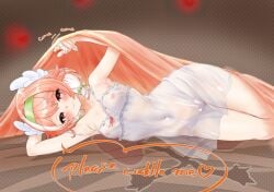 1girl areolae armpits bare_arms bare_shoulders belly_button blanket blushing censored_pussy commission commissioner_upload english_text feathered_wings green_bow green_hairband head_wings heart-shaped_pupils hips indie_virtual_youtuber indie_vtuber looking_at_viewer navel nightgown nipples official_alternate_costume official_alternate_hairstyle on_bed on_side pillowdear pink_eyes pink_hair skeb_commission small_breasts smiling soara_shimomo thighs transparent_clothing white_nightgown wings