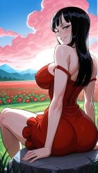 1girl 2026 2d absurd_res absurd_resolution absurdres ai_generated ass bare_shoulders big_ass big_breasts black_hair blue_eyes blunt_bangs blush breasts cloud covered_nipples dress field flower flower_field from_behind grass grin hi_res high_quality high_resolution highres image large_breasts long_hair looking_at_viewer looking_back mayrainart nico_robin one_piece outdoors patreon red_dress red_flower short_dress sitting sky smile solo strap_slip uncensured