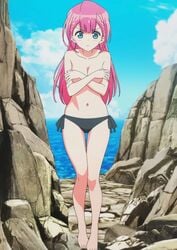 1girls bikini_bottom blue_eyes bokutachi_wa_benkyou_ga_dekinai clouds cloudy_sky covering_breasts female female_only kirisu_mafuyu_(bokuben) long_hair looking_at_viewer mostly_nude outdoor outdoors pink_hair sea side-tie_bottom solo standing teacher topless