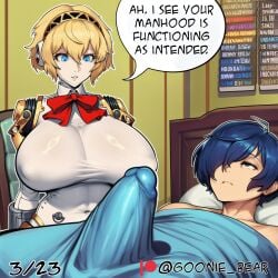 1boy 1girl 2026 2d absurd_res absurd_resolution absurdres aegis_(persona) ai_generated aigis_(persona) android bed blanket blonde_hair blue_eyes blue_hair bookshelf bow bowtie breasts bulge comic covered_nipples english_text erection erection_under_clothes goonie_bear hair_over_one_eye hairband hetero hi_res high_quality high_resolution highres huge_breasts image indoors joints looking_at_another lying makoto_yuki on_back on_bed patreon patreon_username penis penis_awe persona persona_3 red_bow red_bowtie robot_joints short_hair sleeping speech_bubble uncensured under_covers watermark yuuki_makoto_(persona_3)