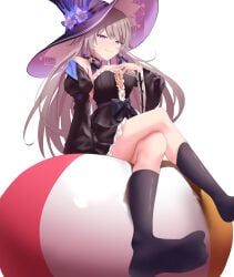 ball_(object) beach_ball black_stockings dominant_female feet femdom flower hat herta_(honkai:_star_rail) hibiscus inflatable light_grey_hair looking_at_viewer medium_breasts on_ball pool_toy purple_eyes sfw sitting sitting_on_ball sitting_on_beach_ball smug smug_face soles_of_feet_in_stockings squish squishing stockings summer teasing teasing_viewer thighs wearing_hat witch_hat