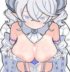 1girls :) areolae closed_mouth cum cum_on_breasts cute demon demon_girl demon_horns dress female female_focus fringe hi_res konami labrynth_of_the_silver_castle light_skin looking_at_viewer lovely_labrynth_of_the_silver_castle necklace necktie nipple_piercing no_bra pointy_ears princess queen scarfy_(scarfy_chang) silver_eyes smile standing sweatdrop twin_drills twintails white_background white_dress white_hair wings younger_female yu-gi-oh!
