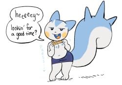 big_tail dialogue exposed_breasts furry hentai kint lifting_shirt pachirisu pokemon pokemon_(species) pokemon_dppt shortstack squirrel squished_breasts squishing_breasts