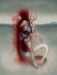 1girls grundelsmoochart large_horns long_tongue monster monster_girl sharp_teeth tail tongue tongue_out