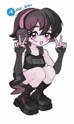 1girl boots bulletproof_vest dark_dress dark_hair dress female pink pink_eyes pink_hair solo solo_focus standoff standoff2 standoff_2 woman